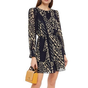 Ba&sh Oph Georgette Mini Dress Gathered Navy Blue Floral Long Sleeve size Small